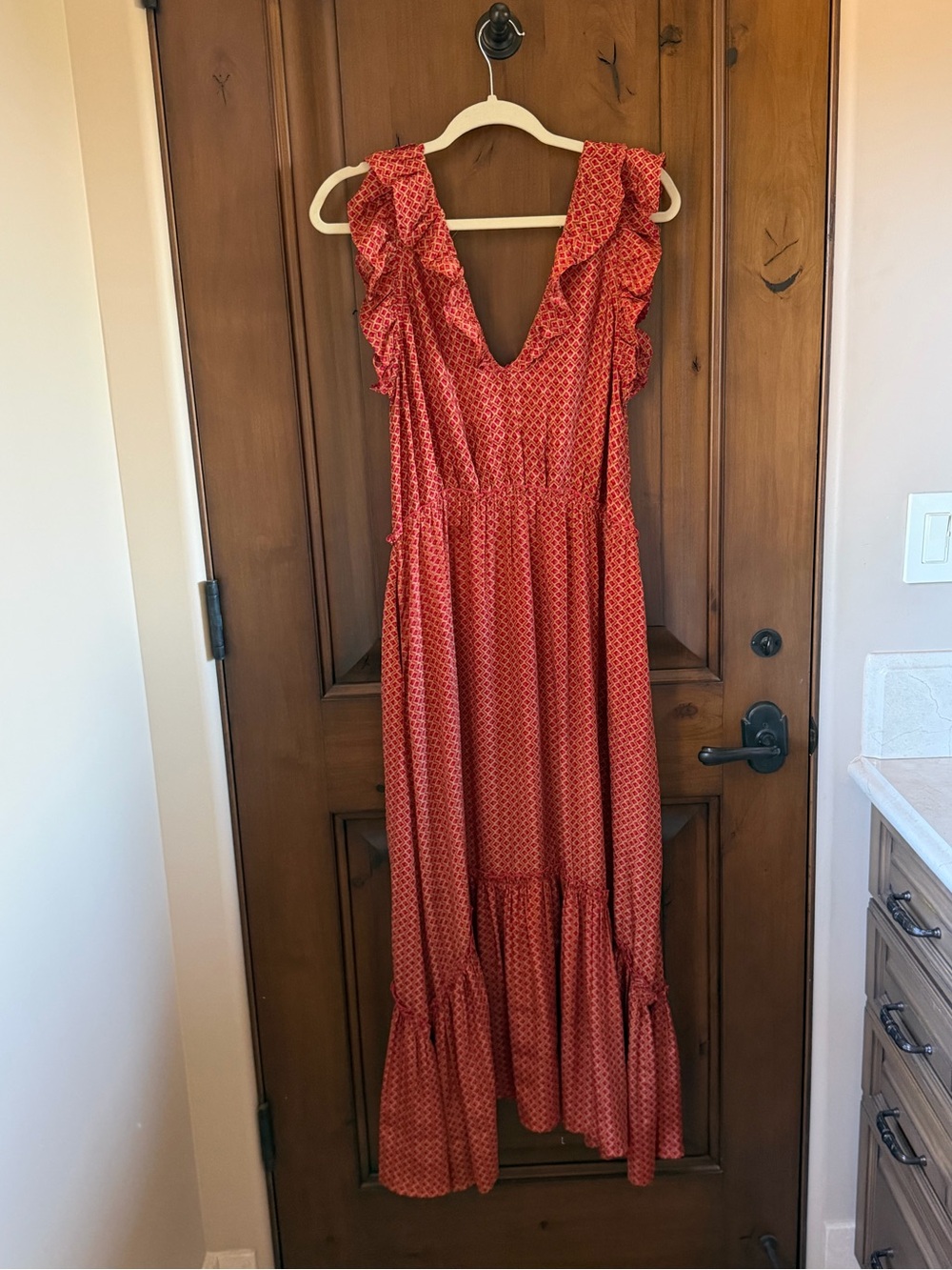 Ruffle-Sleeve Red Printed V-Neck Maxi Dress in Silk